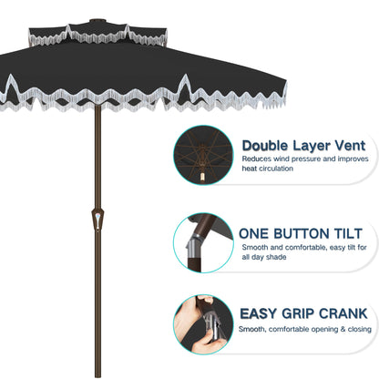 Kingdura 9ft Patio Umbrella with Fringe, Outdoor Table Umbrella with 8 Sturdy Fiberglass Ribs, Push-Button Tilt, Fade Resistant Canopy, UPF 50+, Luxurious Vintage Pool Umbrellas for Lawn, Deck, Balcony