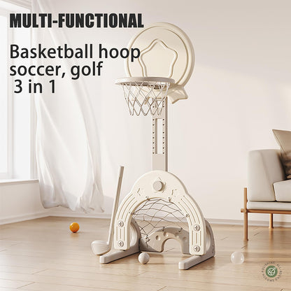 Toddler Basketball Hoop Set with 3 Balls, Adjustable Basketball Hoop Set Indoor Outdoor for Kids, Toddler Sports Activity Center, Portable Basketball Soccer Golf Game Set, Birthday Gift Grey