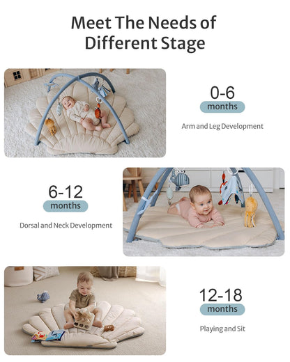 Blissful Diary Shell Baby Play Gym Mat, Softer & Enlarged Tummy Time Mat w 6 Detachable Toys for Sensory & Motor Skill Development, Activity Mat for Newborn Essentials Shower Gift, Boho Ocean Theme