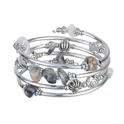 FULU AUTUMN Stone Silver Bangle Wrap Bracelet Boho Turquoise Crystal Chips Bead Bracelets Fashion Jewelry Birthday Gifts for Women(19-Grey)