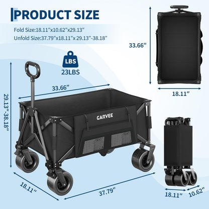 Wagon Carts Foldable, 460LBS Weight Capacity 280L Collapsible Wagon with All-Terrain Wheels, Drink Holders, Storage Cover&Elastic Rope, Utility Carts for Groceries, Shopping, Camping, Sports -Black