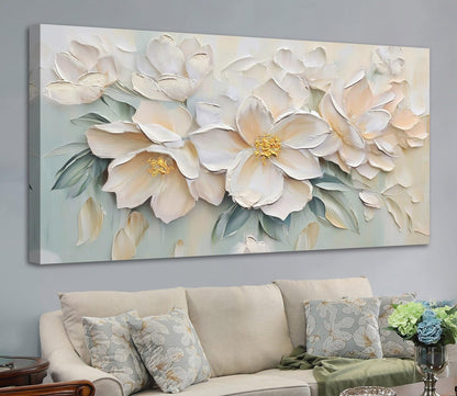 Anolyfi White Textured Flowers Canvas Wall Art for Living Room, Modern Aesthetic Sage Florals Painting Wall Decor for Hallway Bedroom Dining Room Office Home Decor 40"x20"