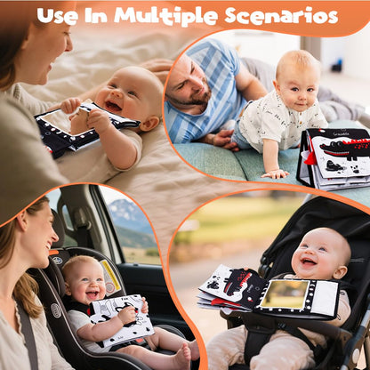 Yohome Black and White Baby Books for Newborn, Tummy Time Mirror, Baby Mirror Infant Toys with Soft Cloth Book, High Contrast Baby Toys, 3D Activity Crinkle Pages Sensory Tummy Time Toys for Babies