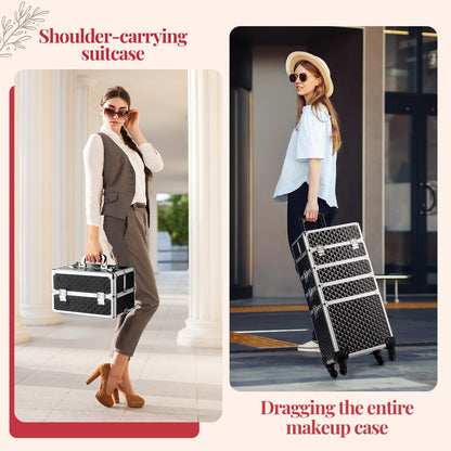 mefeir 4-in-1 Rolling Makeup Train Case Lift Handle,4 Removable Wheels Lockable Keys,Aluminum Cosmetic Trolley Beauty Stylist Artist Organizer Box,Ideal Xmas New Year Gift (Diamond Black)