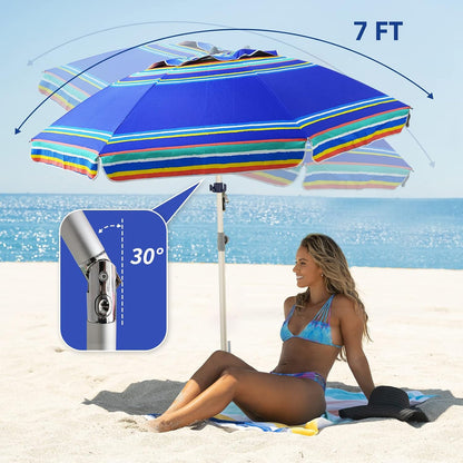 AMMSUN 7ft Heavy Duty High Wind Beach Umbrella Parasols with Sand Anchor Vent Tilt UPF 50+ Sun Protection Portable Outdoor Sunshade Umbrellas Carry Bag for Patio Garden Pool Backyard Blue