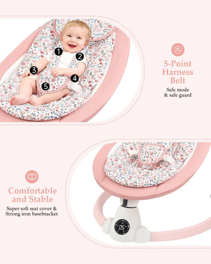 Baby Swing for Infants, Electric Baby Swing with Bluetooth, Portable Infant Swing with 5 Speeds, 10 Lullabies, 5-Point Harness & Remote Control, for Newborns Infants Indoor Outdoor Use (Floral)