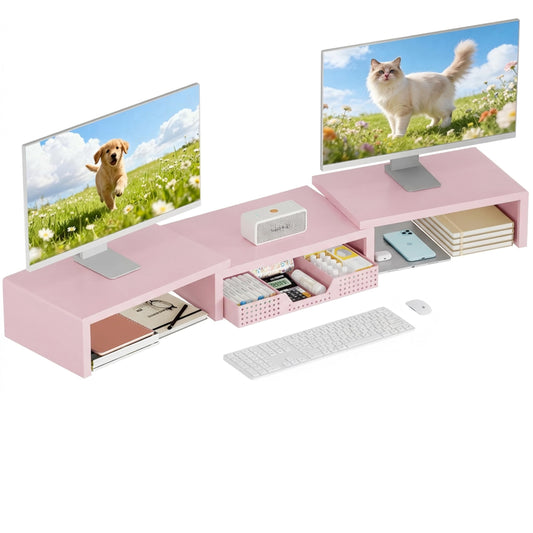OPNICE Desk Organizers and Accessories, Dual Computer Monitor Stand Riser with Drawer, Office Decor for Women, Office Desk Accessories & Workspace Organizers, Pink