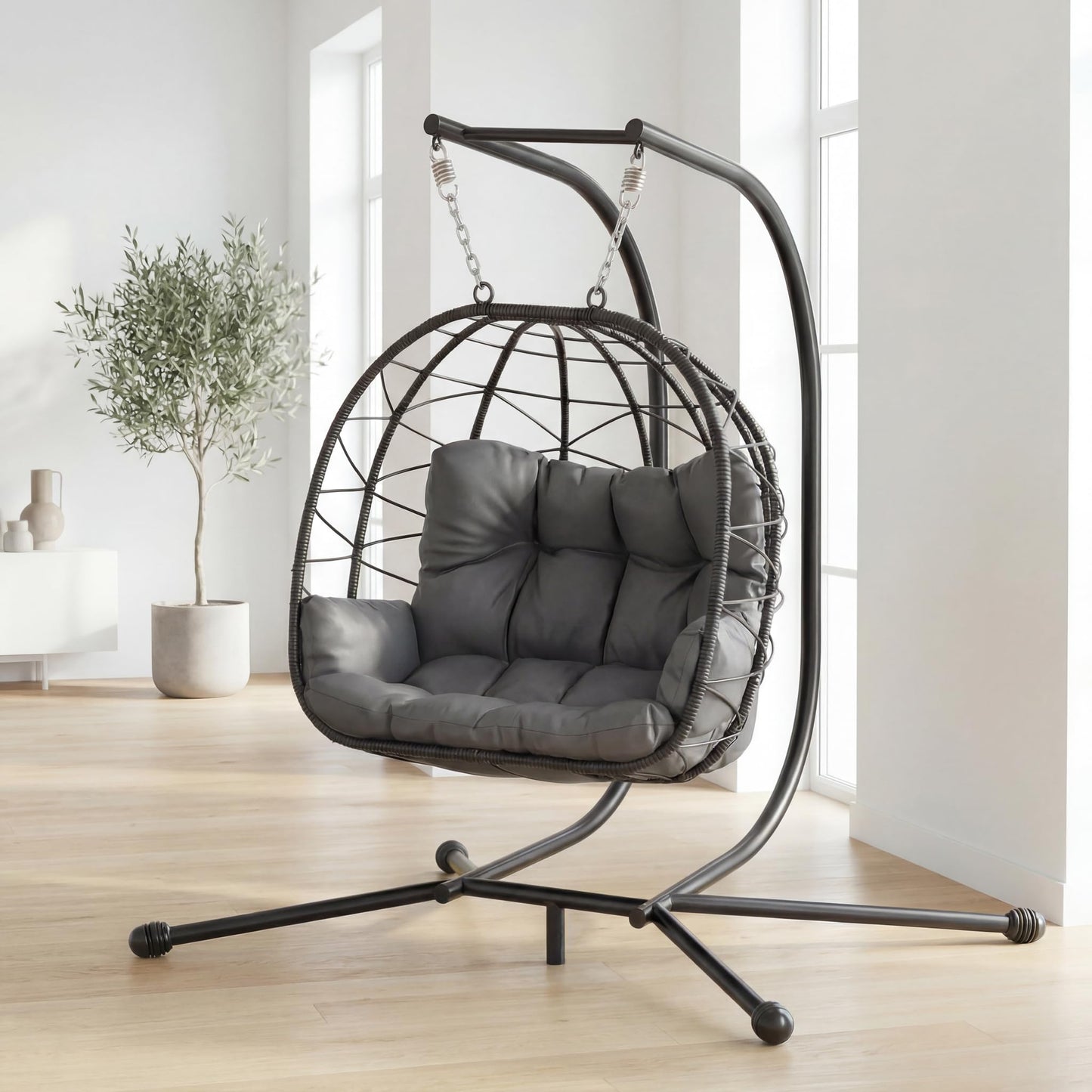 Pamapic Double Egg Chair wth Stand, 700 LBS Loveseat Rattan Swing Chair, UV Resistant Cushions with Armrests and Headrest, Thick Steel Frame Hammock Swing for Outdoor, Patio, Indoor(Grey)