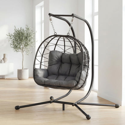 Pamapic Double Egg Chair wth Stand, 700 LBS Loveseat Rattan Swing Chair, UV Resistant Cushions with Armrests and Headrest, Thick Steel Frame Hammock Swing for Outdoor, Patio, Indoor(Grey)