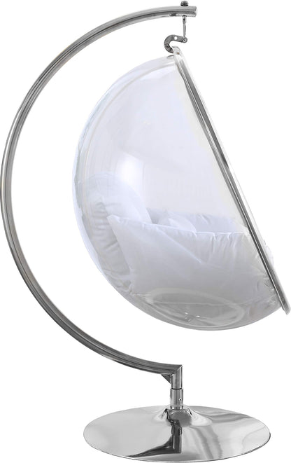 Meridian Furniture 507White Luna Collection Modern | Contemporary Clear Acrylic Accent Swing Chair with Durable Metal Base and Fabric Seat, White, Chrome Finish, 41.5" W x 29.5" D x 64" H