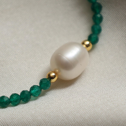 Gempires Green Jade Beaded Bracelet with Pearl Choker Crystal Jewelry Lightweight March Birthstone Gifts Hypoallergenic 7.5 Inch Gold Plated Bracelets For Women