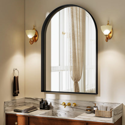 Riskioir 24" x 36" Luxury Arched Bathroom Mirror - Arch Wall Mirror with Shatterproof Tempered Glass and Metal Deep Frame, Hanging or Leaning for Living Room, Dresser, Entrance and Hallway, Black