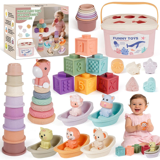 FUNWEGOT Montessori Baby Toys for Infants 6-18 Months Toddler 6–12 Months Shape Sorter Sorting Stacking Toy Sensory Learning Set with Stacking Rings for Babies Birthday Gift