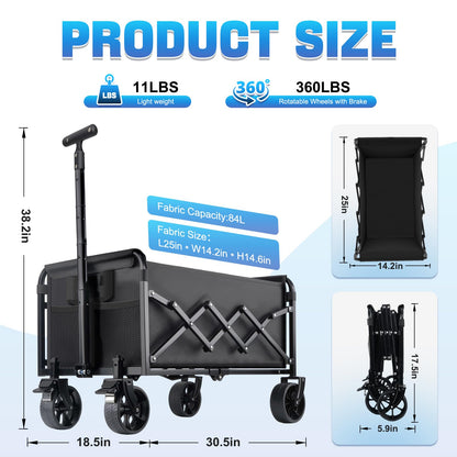 Collapsible Wagon Cart Foldable with Wheels - Heavy Duty 360LBS Portable Folding Utility Shopping Cart with 360° Swivel Brakes Wheels & Cup Holders for Outdoor Camping Beach Grocery Garden