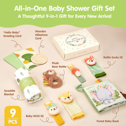 hahaland Baby Shower Gift for New Mom, Newborn Gift Set for Boys & Girls with Swaddle Blanket, Rattle Socks and Wristband Set, Plush Rattle, Soft Baby Crinkle Book, Wooden Milestone Card