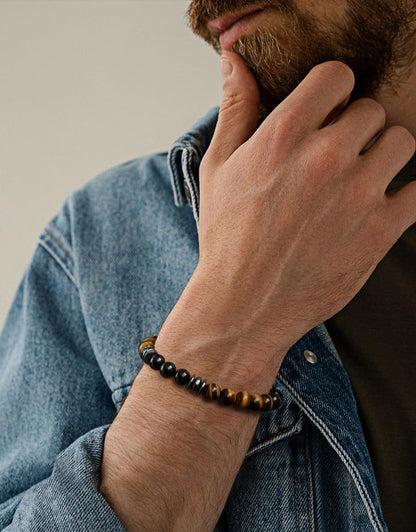 Landorilo Gifts for Men, 8mm Natural Stone Beaded Bracelets, Tiger's Eye & Black Tourmaline Healing Bracelet, Handmade Mens Jewelry Gift for Him, Husband, Son, Father, Friend(To My Son-8.3in)