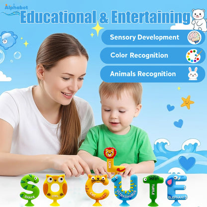 Mold Free Suction Bath Toys for Kids 26PCS, Bathtub Silicone ABC Alphabet Educational Montessori Sensory Toys for Baby/Toddlers, No Hole Animal & Letters Learning Toy with Storage Net for Autism/ADHD