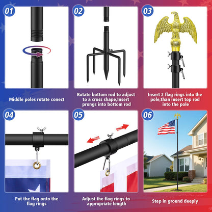 Flag Pole for Outside House, Outdoor Black Heavy Duty 10 FT Flag Pole Kit, for Residential or Commerical, Tangle Free Flagpole (Include American 3 X 5 Flag, 5 Pronges Base, Eagle Shaped Head)