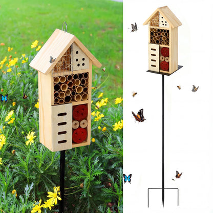 Novabright Wooden Insect House with Metal Stake Insect Hotel Bee House Natural Bug Habitat for Bee Butterfly Ladybirds Beneficial Bug Outdoor Garden Backyard