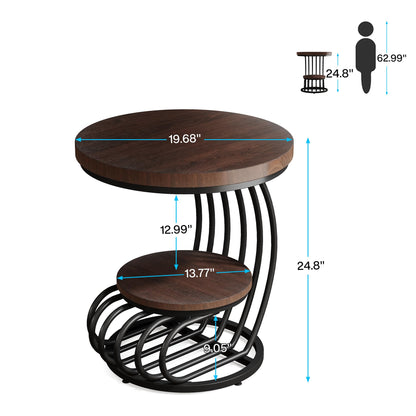 Tribesigns Round End Side Table: Side Table with 2 Tiers Storage Shelves, Vintage End Table for Living Room, Small Bedside Table Accent Table with Arc-Shaped Frame, Rustic Brown