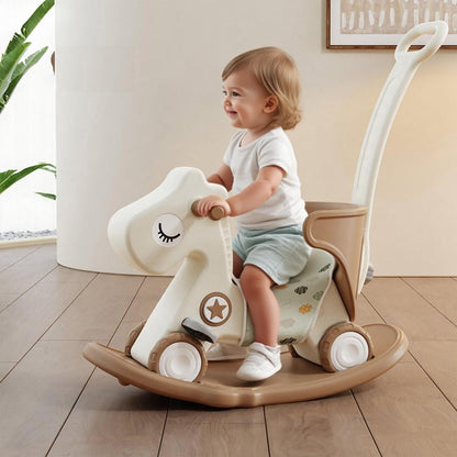 Deer COCO 4 in 1 Rocking Horse for Toddlers 1-3, Baby Ride On Toys with Balance Board & Push Handle, Convertible Push Car, Birthday Gift for 1 Year Old Boys Girls (Tan)