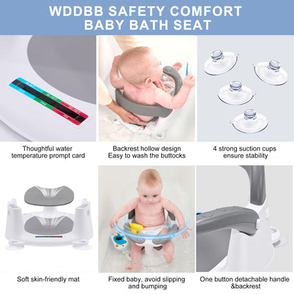 Wddbb Baby Bath seat for Babies 6 Months & up, 360° Stable Toddler Bath Chair with one-Touch Button, Back Hollow Design, Water Temperature Card & 4 Suction Cups for Safety (Dark Gray)