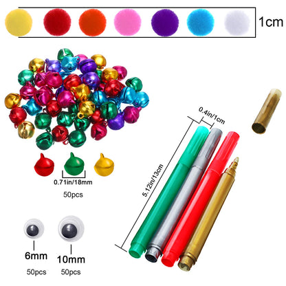 Boao 254 Pcs Christmas Wooden Ornaments 50 Pcs Unfinished DIY Crafts Slices Wood Christmas Tree Hanging Decoration with Bells Pom Poms Wiggle Eyes Marking Pens for DIY Xmas Decor