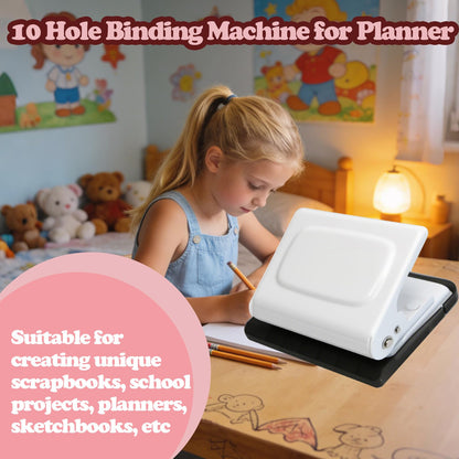 10 Hole Punch Binding Machine for Planners, Manual Paper Puncher for DIY Loose Leaf Notebooks, Includes 18 Colorful Binder Rings, Perfect for A4/A5/B5 DIY Scrapbooking, White