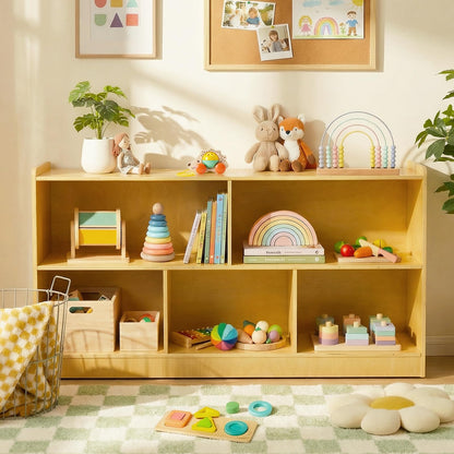 STEPLAY Montessori Shelf, Wooden Toy Storage Organizer with 2-Tier Shelf & 5-Section Storage Cabinet, Kids Bookshelf/Bookcase for Toddler Playroom, Nursery, Classroom(Natural)