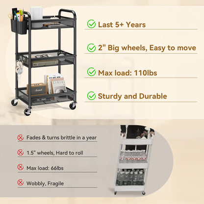 YASONIC 3 Tier Rolling Cart – Metal Utility Storage Carts with Wheels, Craft Cart Organizer with Hanging Cups, Hooks, Mesh Basket for Bedside Kitchen Office Art, Black