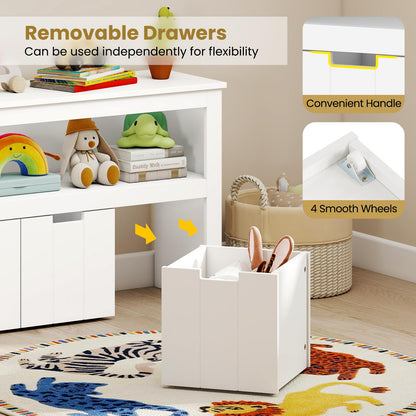 Costzon Toy Storage Organizer w/Drawers, Wooden Toy Shelf with 3 Removable Drawers, Rolling Wheels & Large Open Shelf, Toy Cupborad for Kids Room, Playroom, Kindergarten, Nursery (White)