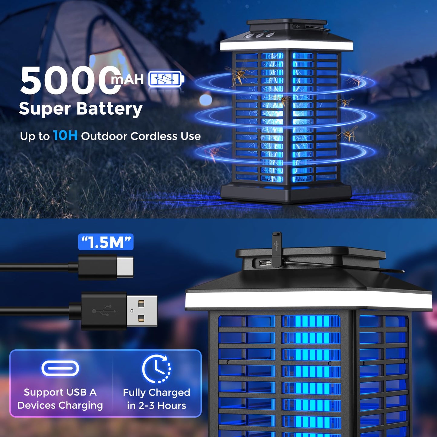 Bug Zapper Outdoor, Mosquito Zapper 3 in 1 Rechargeable Bug Zapper Outdoor with 5000mAh Battery & LED Night Light, 4000V Electric Fly Zapper for Outside,Patio,Backyard,Garden Black