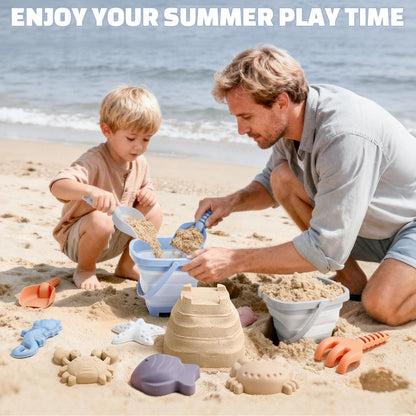 Dreamon 3 Pack Beach Toys Set for Kids 3-10, Collapsible Sand Buckets with Beach Molds and Mesh Bag, Sandbox Travel Toys Beach Vacation Essentials, Camping Gear, Fishing (Blue/Grey/Orange)