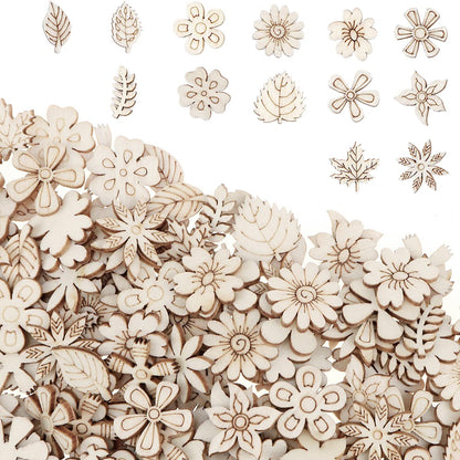 300 Pcs Wooden Embellishments Mixed Flower Leaf Pattern Wooden Scrapbooking DIY Handmade Crafts Children DIY Graffiti Home Decor