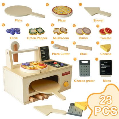 Wooden Pizza Toy Playset for Kids Ages 3–5, Montessori Pretend Play Food & Wooden Kitchen Playset with Easy Bake Oven, Slice & Serve Pizza Maker Toy, Educational Cooking Gift for Boys and Girls