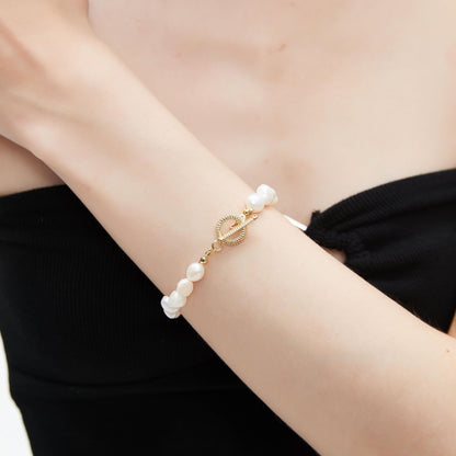 Sylph 7-8mm Pearl Bracelets for Women, Natural Freshwater Pearl Baroque Beaded Bracelet Beach Jewelry Bride Gifts for Wedding Birthday Anniversary, 6.5 Inch