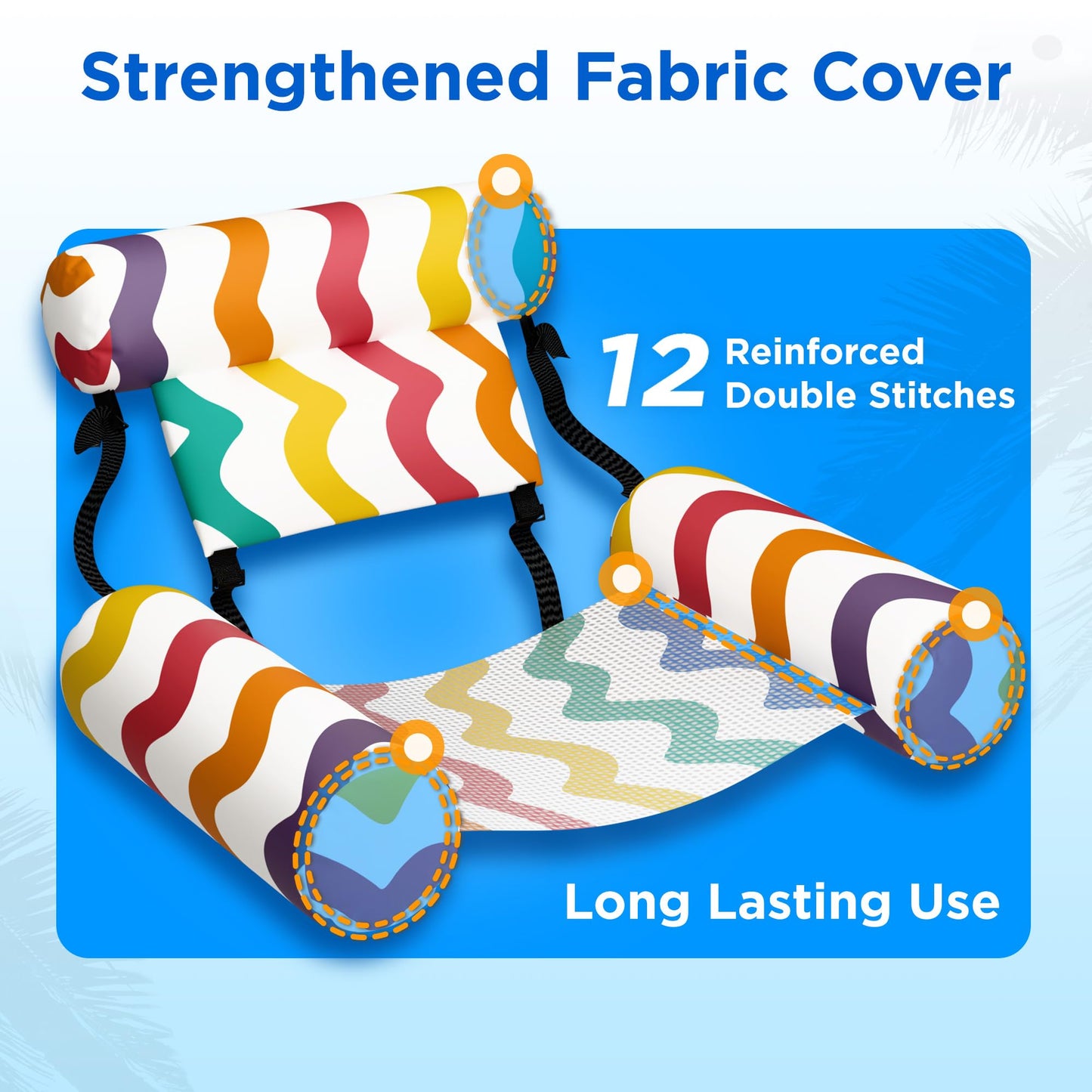 Funscape Pool Floats Chairs Adult, 2 Packs Heavy Duty Inflatable Swimming Pool Lounges, Fabric Floating Hammock Seat, Kid Blow Pool Noodle Lake Raft Floaties, Fun Summer Beach Water Party Game—Rainbow