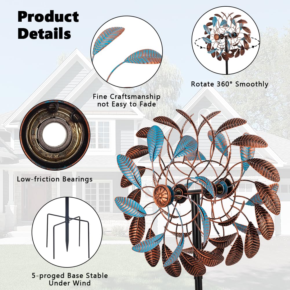360° Wind Spinners Outdoor,13” Kinetic Wind Spinner,Yard Art Windmill with Metal Stake,Vintage Metal Wind Sculptures & Spinners,Waterproof Pinwheels Large Wind Spinner for Yard and Garden