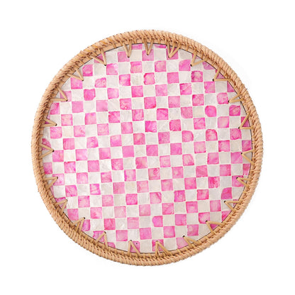 Tynulox Round Rattan Tray with Mother of Pearl Inlay, Rattan Serving Tray for Coffee, Bread, Fruits, Decorative Wicker Tray for Table Decor, Home Decor, Kitchen Island Decor(Pink Checkerboard, 11.8")