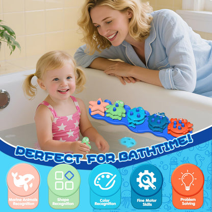 Baby Bath Toys, Premium Silicone Mold Free Ocean Animal Shape Sorting & Stacking Toddlers Bath Toys, No Hole Bathtub Floating Toys Gift for Boys Girls, Early Learning Sensory Water Toys, Bathtime Fun