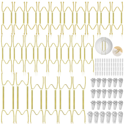 24 Pack Plate Hangers for Wall Display, 6/8/10/12 Inch Invisible Stainless Steel Plate Holders with Wall Hooks, Fit 5.5–12.5 Inch Decorative Plates, Plate Display Hangers for Home Wall Decor, Gold