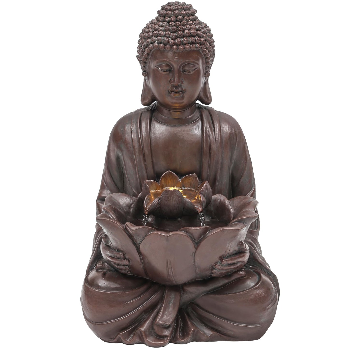 Autodaya 18.9" H Buddha Outdoor Water Fountain, Zen Style Garden Fountain with LED Lights and Pump, Relaxing Waterfall for Patio, Porch, or Yard Decor, Faux Bronze