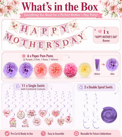 Mother's Day Decorations Set - Happy Mother's Day Banner, 6PCS Paper Pom Poms, 13Pcs Hanging Swirls with Best Mom Cardstock Cutouts - Floral Pink Party Supplies for Home, Mantle, Wall Decor