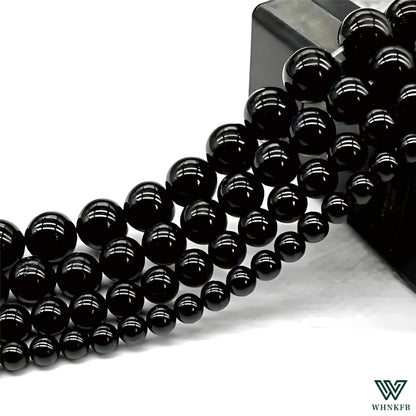 WHNKFB 10mm 50PCS Natural Black Onyx Round Beads, Smooth Polished Agate Loose Beads for Jewelry Making Craft - 4mm 6mm 8mm 10mm Options with Free Elastic Cord