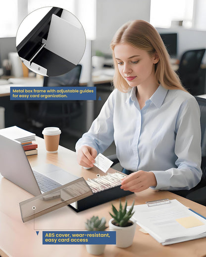 COTOSEA Business Card Holder for Desk, 800 Capacity Plastic Business Card Organizer Box, Desktop 3.5x2.2in Credit Flash Gift Cards Holder File Box Storage, A-Z Tabs, Metal Structure, Black
