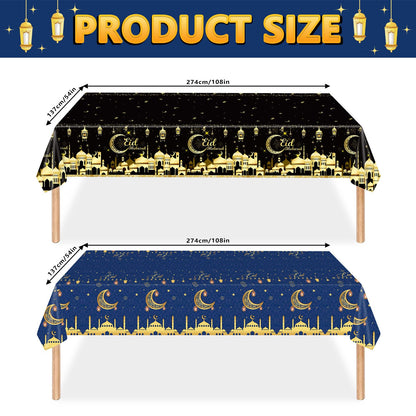 2PCS Eid Mubarak Tablecloths Ramadan Mubarak Table Cloths Eid Al-fitr Disposable Table Cover Islamic Eid Mubarak Decorations Moon Star Lantern Plastic Rectangle Tablecloth for Dinner Picnic 54"x108"