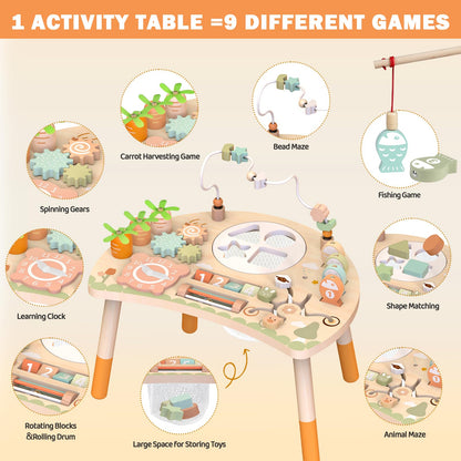 Weilim Activity Table, 9-in-1 Wooden Montessori Toy Activity Center with Shape Sorter Fishing Game Bead Maze, Baby Play Table Sensory Educational Toys for Toddler