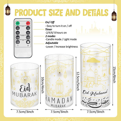Huquary 3 Pcs Eid Mubarak Pillar Flameless Candles with Remote Ramadan Decorations Ramadan LED Flickering Candles Battery Operated Plastic Pillar Candlesticks for Eid Fit Gifts Home Decor, 3", 5", 6"