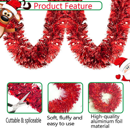 Psoeksdo 33Ft Christmas Tinsel Garland Xmas Tree Decorations Shiny Thick Red Metallic Twist Garland Ceiling Hanging Decor for Xmas New Year Birthday Party Indoor Outdoor Supplies-Red