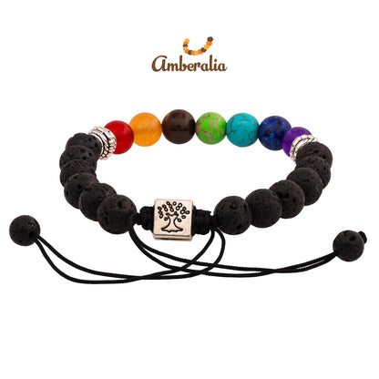 Amberalia Chakra Bracelet, Adjustable, Lava Stone Beads, Tree of Life Charm, Silver